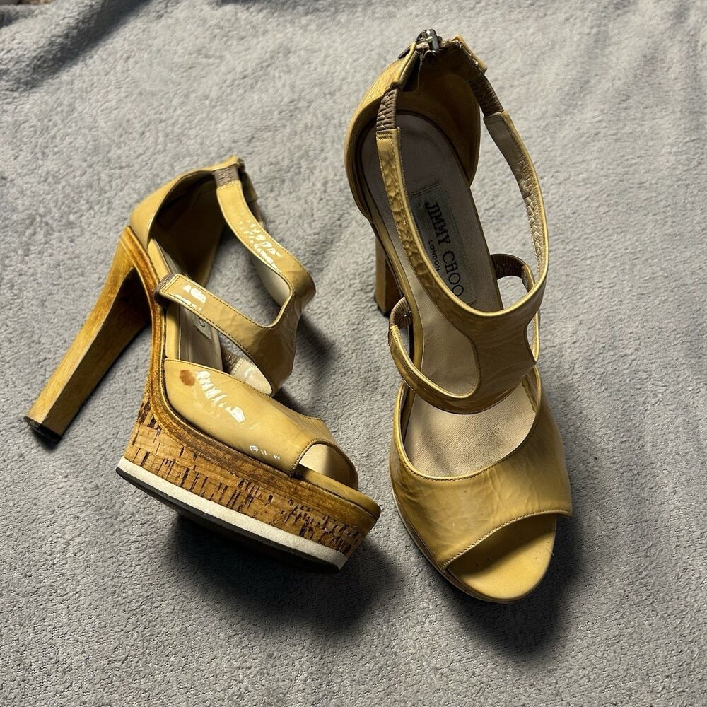 Jimmy Choo Strappy Platform Heels Women's 37 Nude Patent Leather Cork Wood